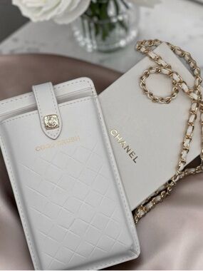 CHANEL White Quilted Phone Crossbody Wallet - Luxury Chain Strap